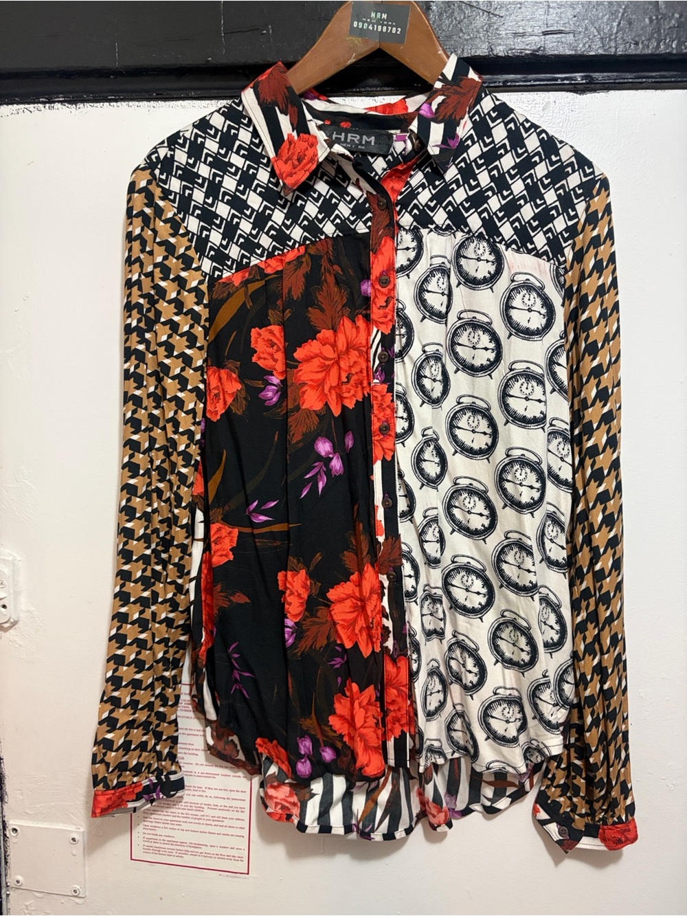 HRM Mixed-Print Floral & Medallion Button-Down Shirt - Black/Red/Brown